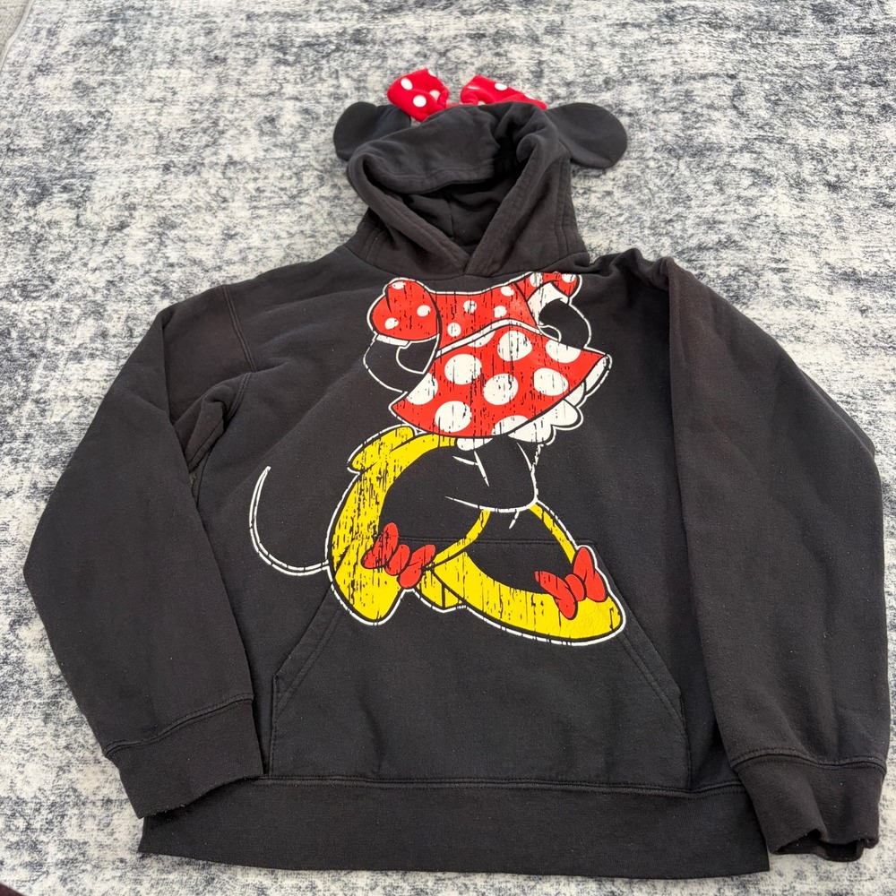 Disney Parks Minnie Mouse Ears Hoodie Girls Youth Large Black 3D Bow Pullover‎